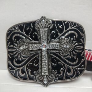 Pugs Gear Men Women Cross Belt Buckle Silver Tone Filigree Rhinestone Western